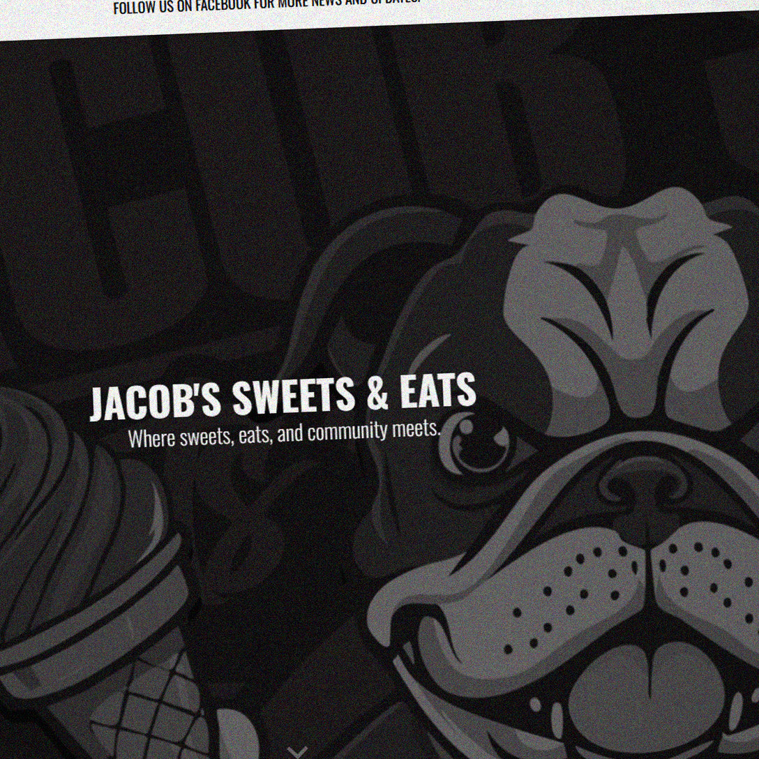 Promotional graphic for 'Jacob's Sweets & Eats' with a bulldog illustration and text by HD Designs LTD