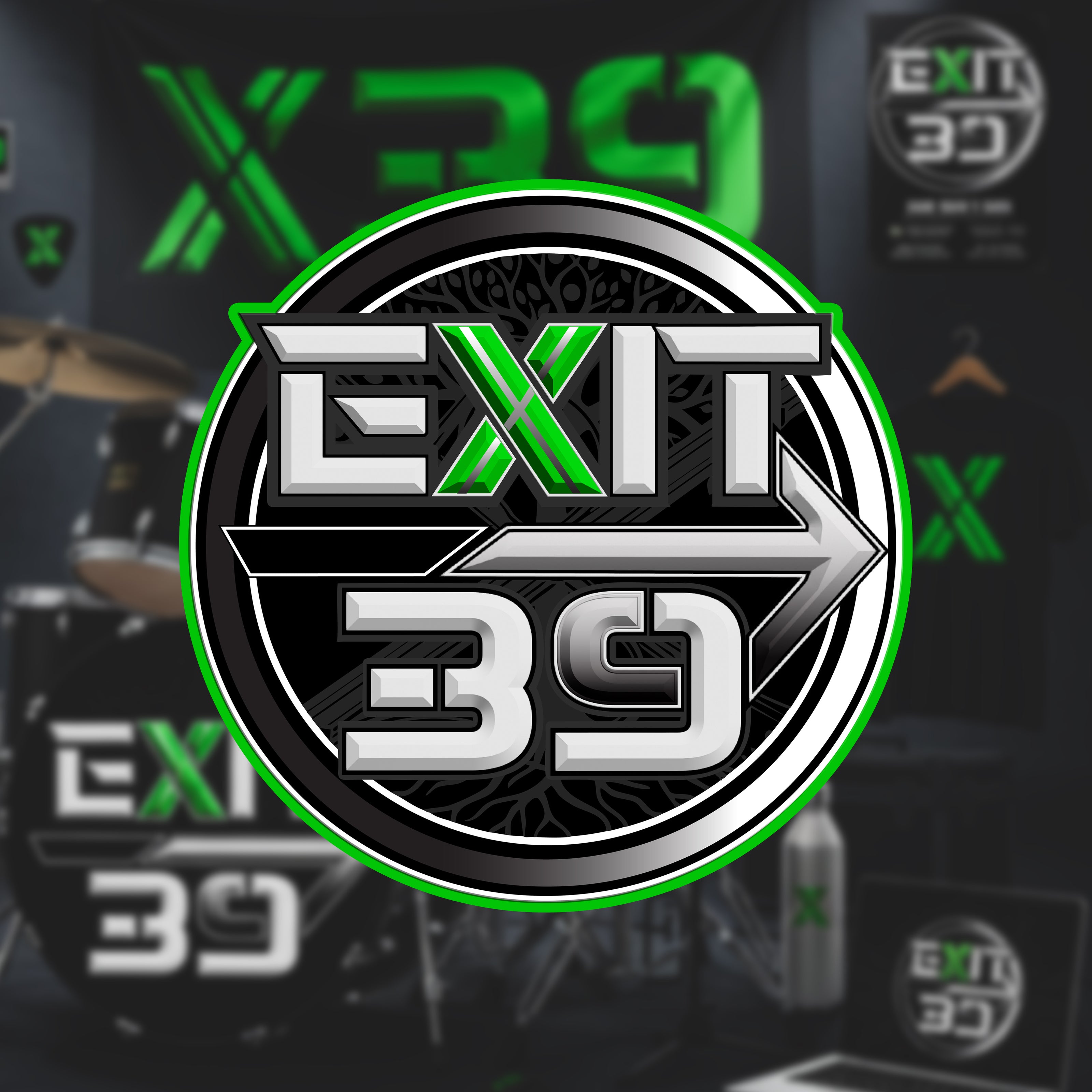 EXIT 39 logo with blurred musical equipment in the background