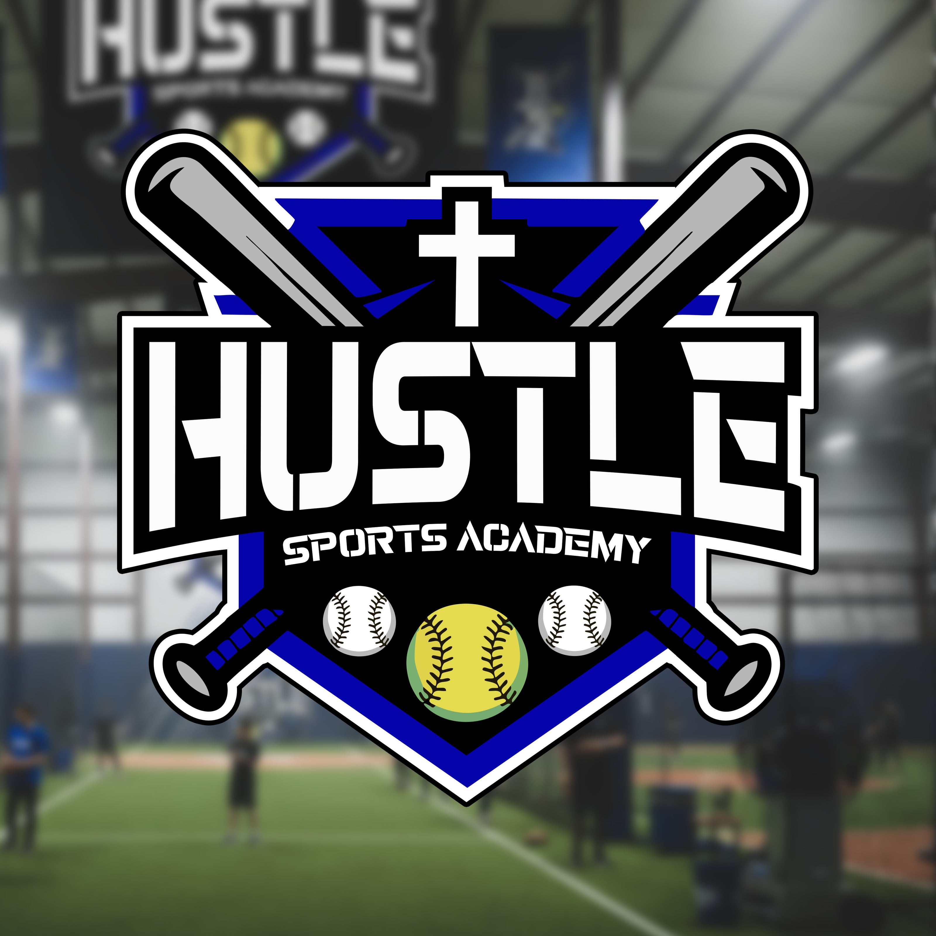 Hustle Sports Academy logo with sports equipment on a blurred sports field background