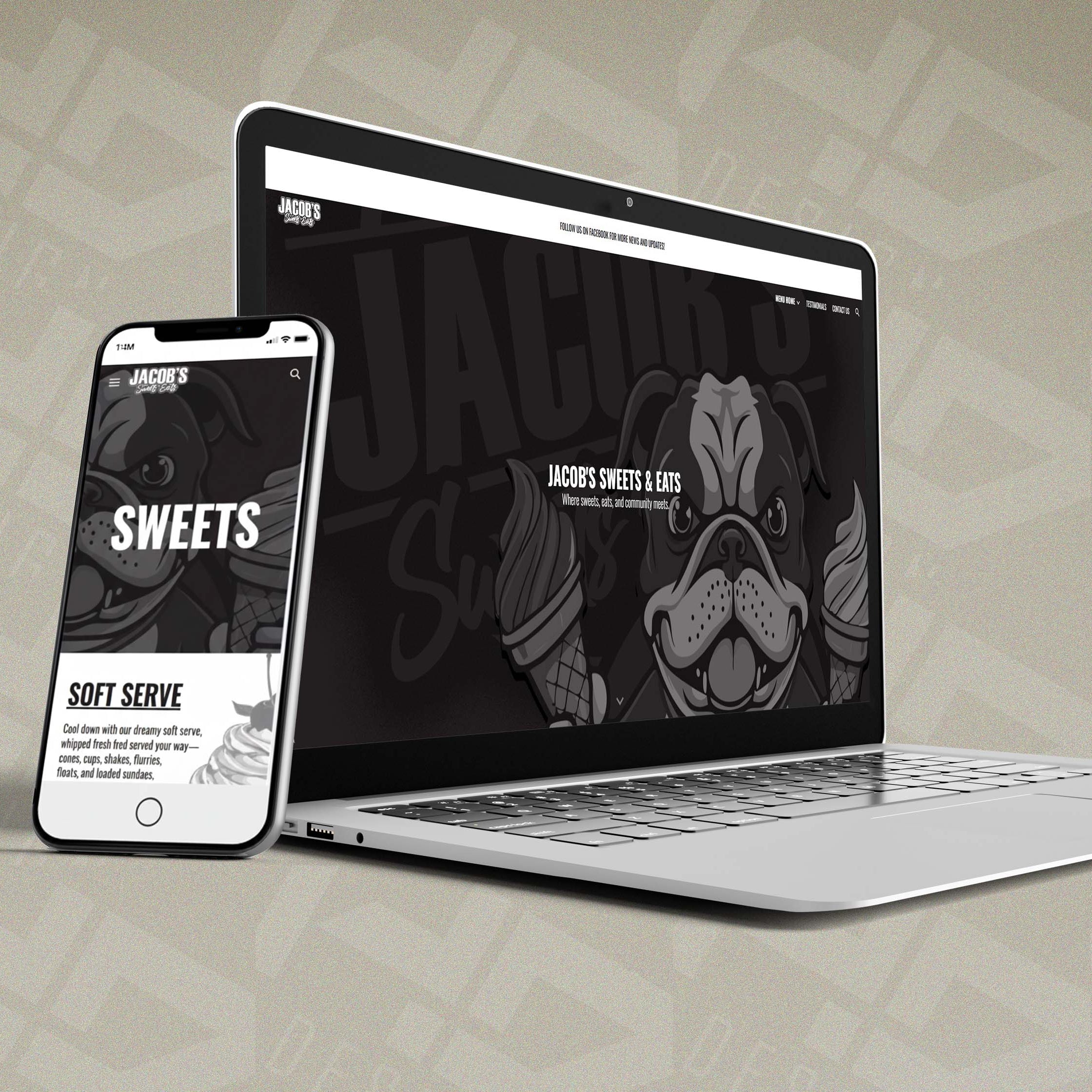 Jacob's Sweets and Eats website by HD Designs shown on laptop and phone on a textured, HD Designs branded background.