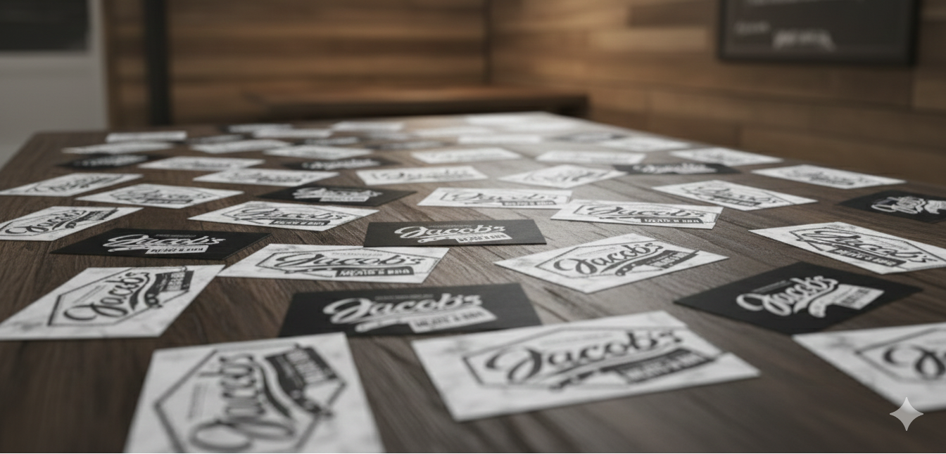 Collection of Jacob's Stores branded business cards on a wooden surface with a blurred background by HD Designs LTD