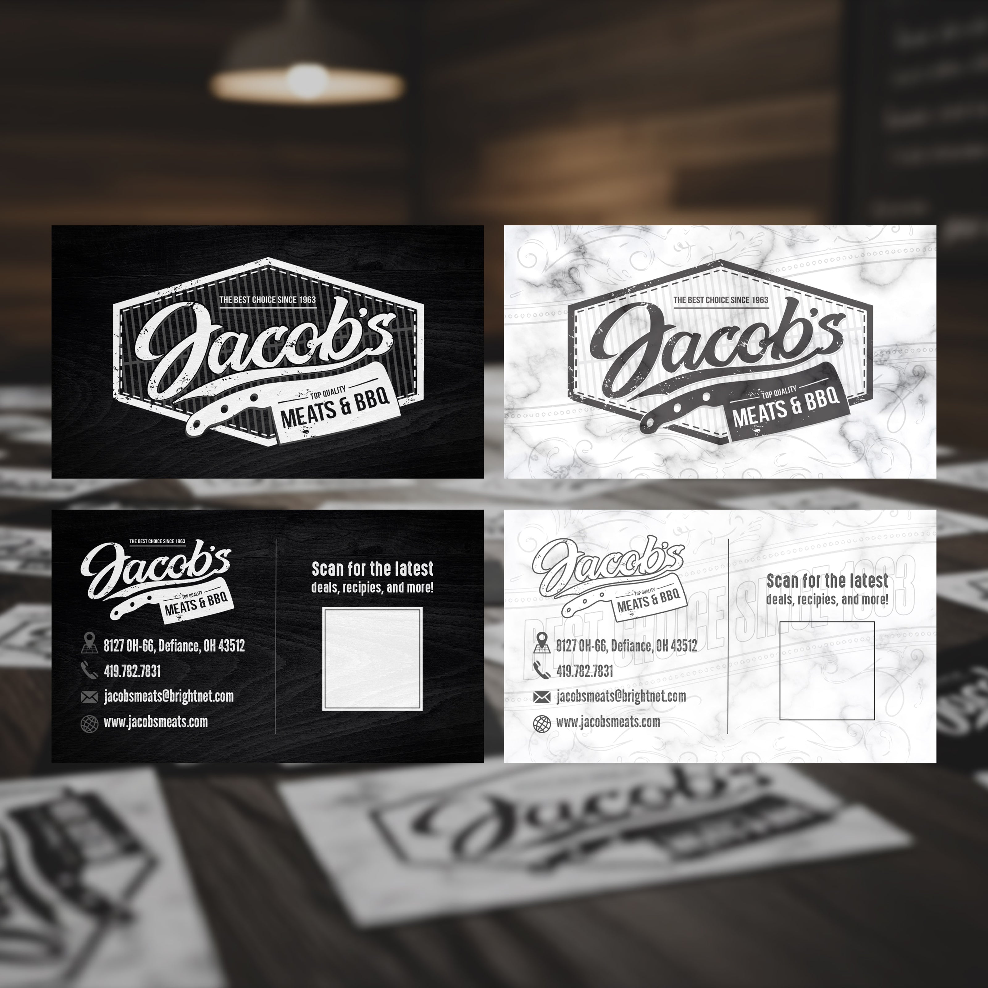 Collage of Jacob's Meats & BBQ business cards on a dark background