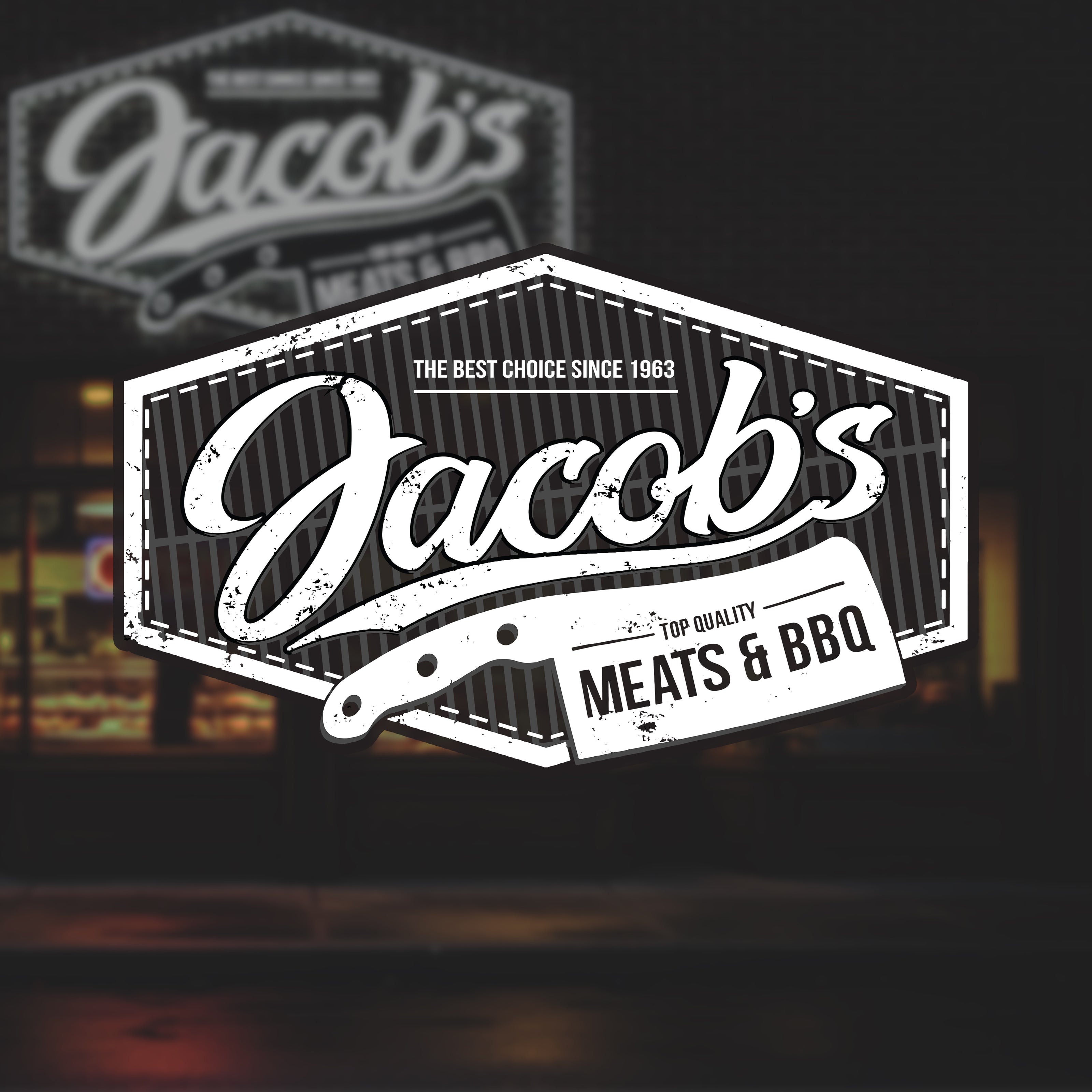 Jacob's Meats & BBQ logo with a knife graphic on a dark background