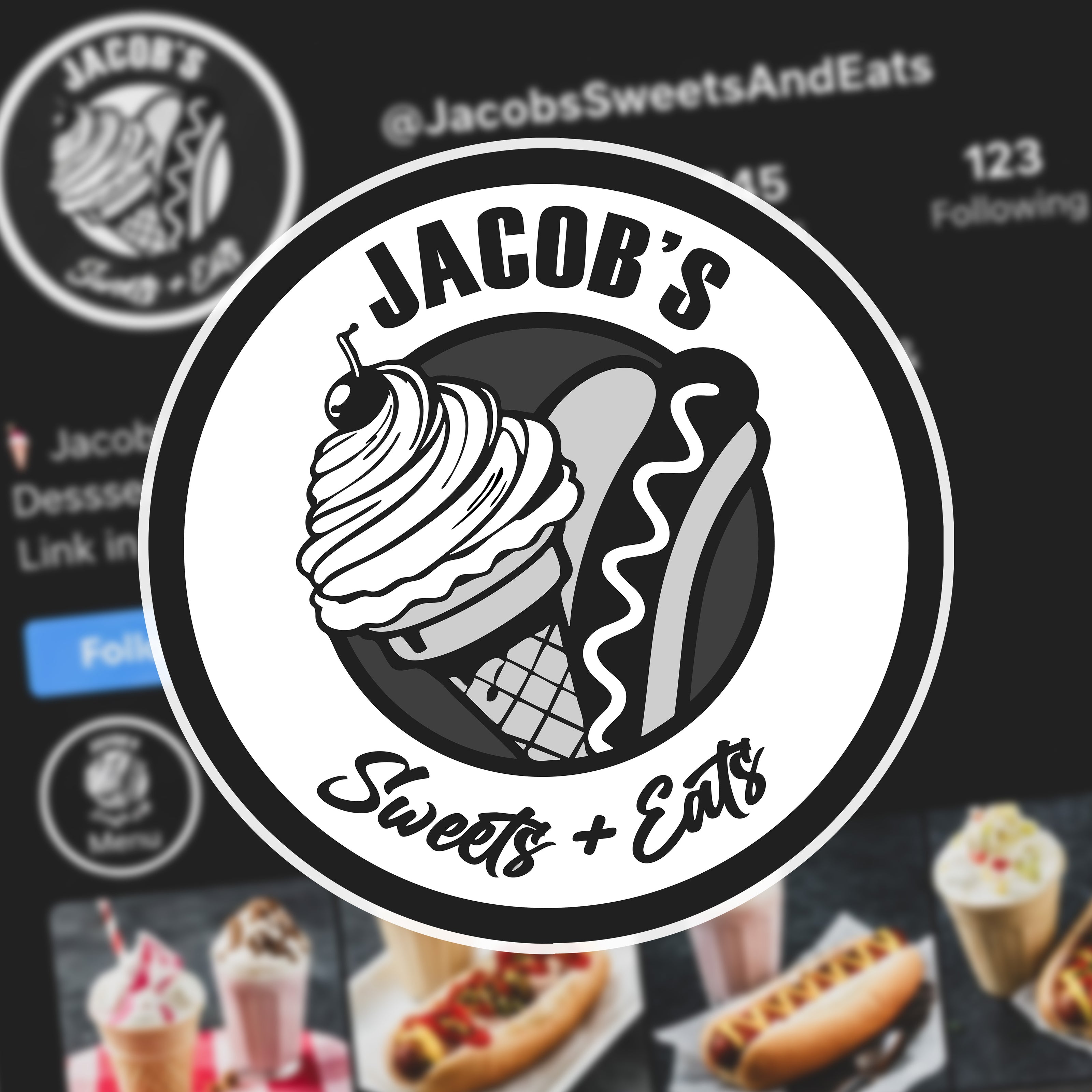 Logo of Jacob's Sweets + Eats with an ice cream cone and hot dog on a black background