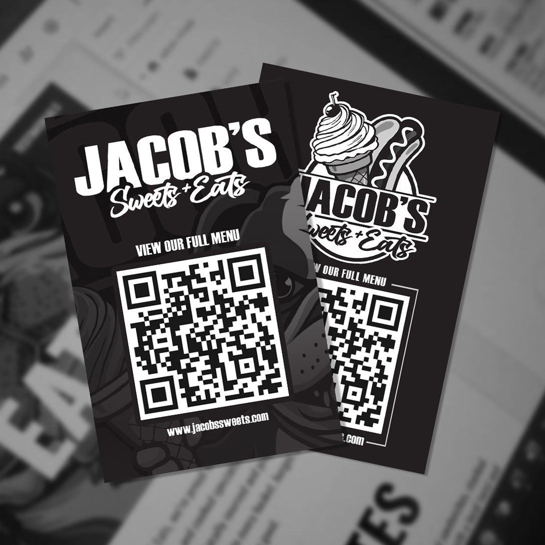 Restaurant QR code cards to digital menu for small ice cream shop and diner on blurred web page background