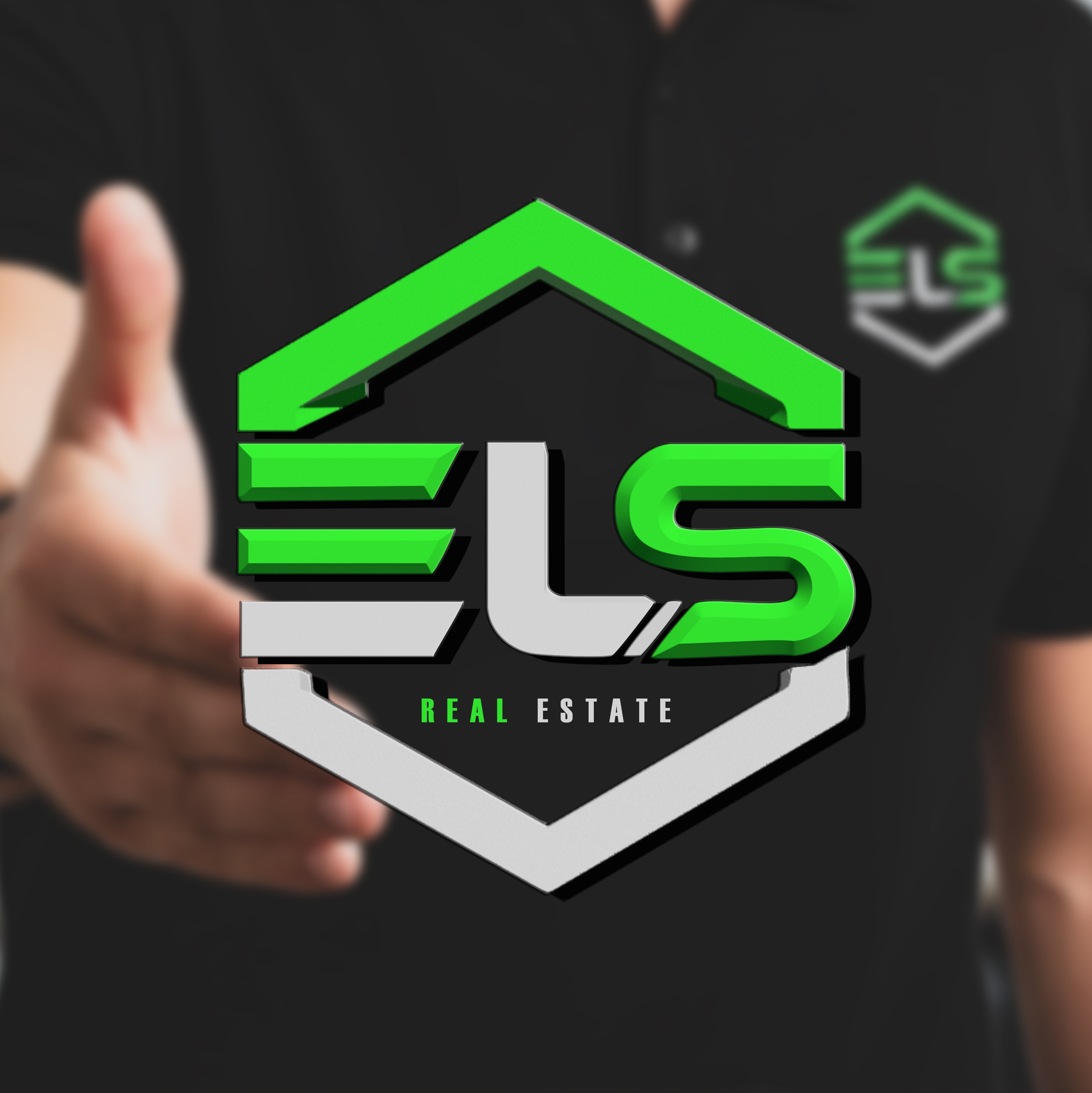 Person wearing a black shirt with a green and white logo on a blurred background with a vibrant green 'ELS' initials logo in foreground.