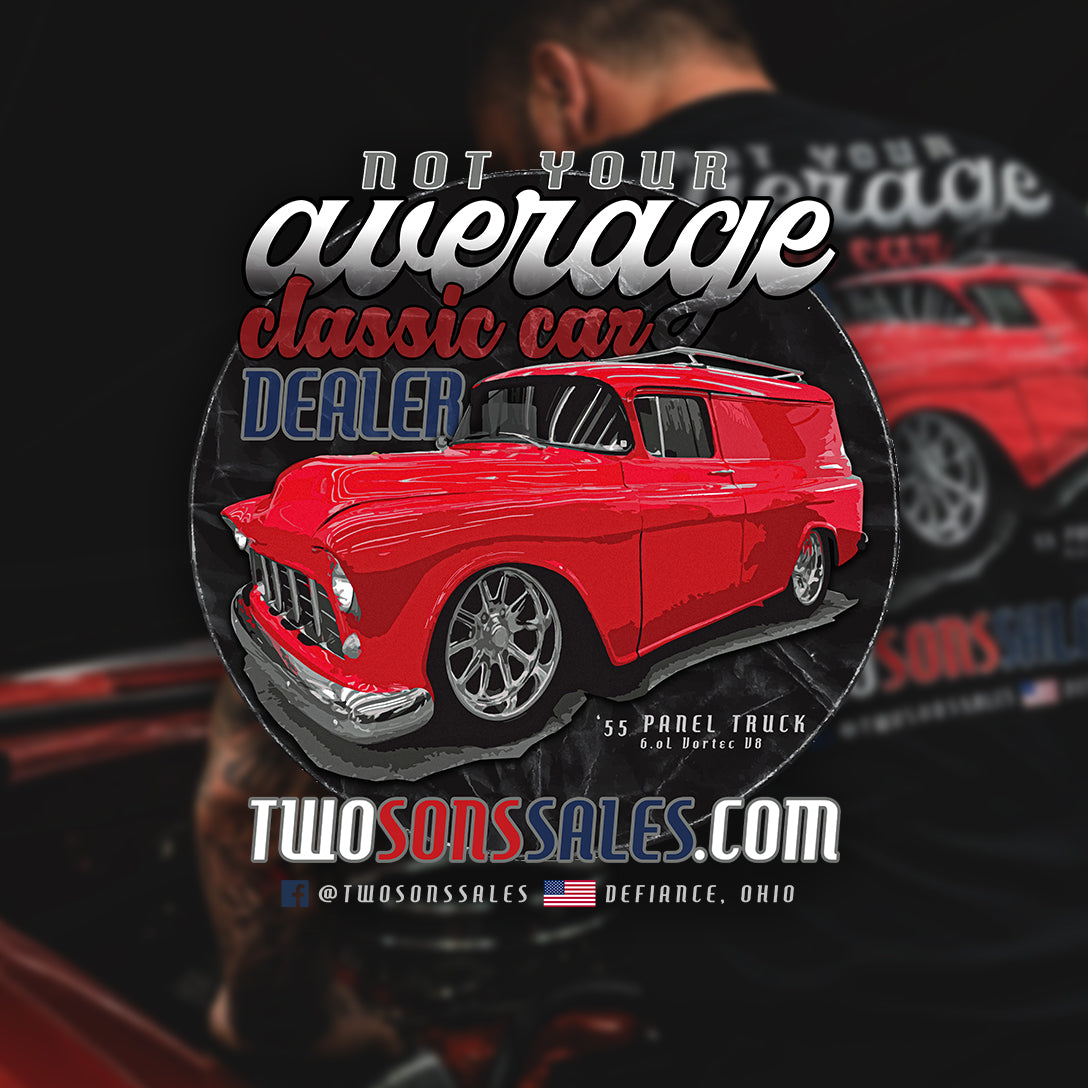 Red classic car with promotional text for 'Two Sons Sales' on a dark background with tagline, 'Not your Average Classic Car Dealer'.