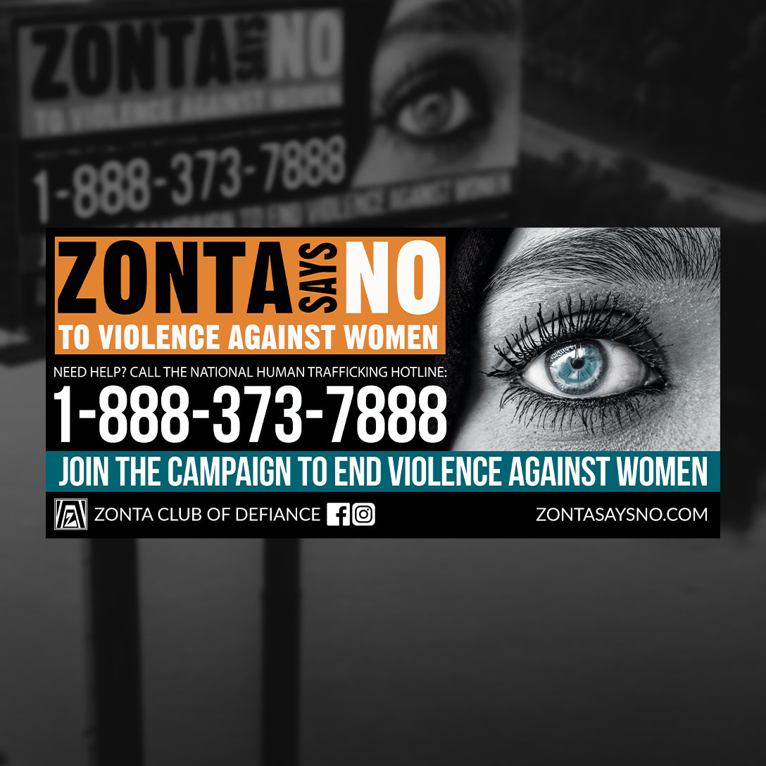 Zonta Club of Defiance advertisement against violence against women with a close-up of an eye.
